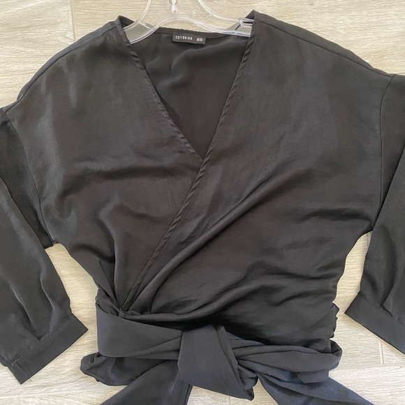 Cotton On Black Surplice Wrap Around Tie Front 3/4 Sleeve Top Size M - Picture 3 of 8